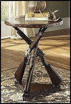 Old Western Rifle Accent Table. This piece offers a distinct yet appealing wood