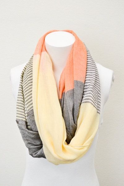 Orange Color Block silky infinity SCARF   Chunky lightweight mint scarf    Wide
