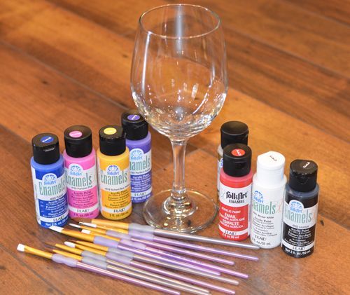Painted Wine Glass DIY supplies- use Craft Enamels Acrylic Paint