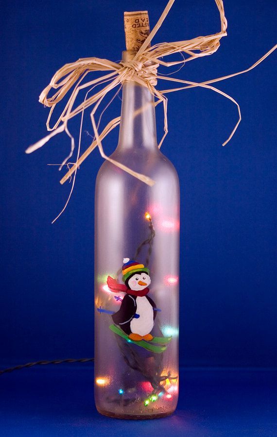 Penguin Skiing Lighted Wine Bottle Hand Painted Seasonal Christmas Decoration Fr