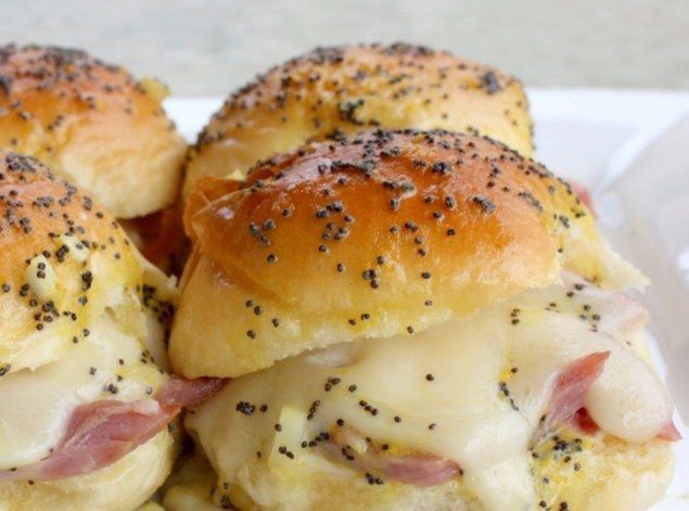 Savory fingerfood. Melt in your mouth ham and swiss sandwiches. Perfect for pot