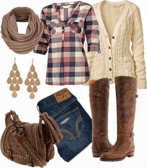Scarf, Shirt, Sweater, Jeans, Long Boots, Pants And Hand Bag Combination For Fal