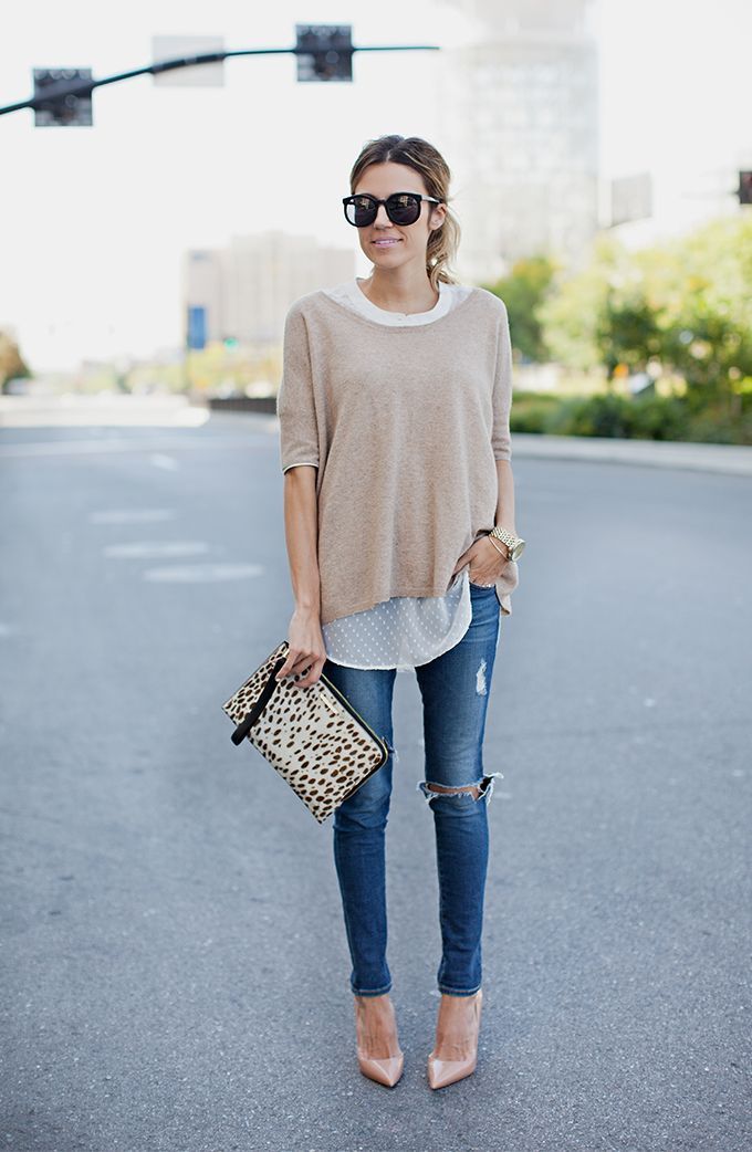 Sweater + Worn Jeans + Sheer Top