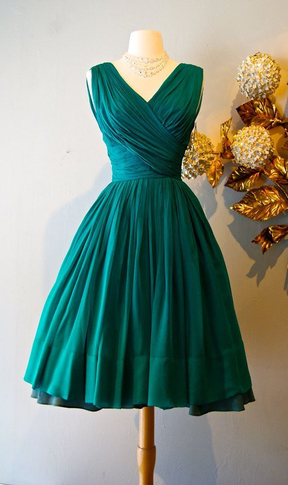 Vintage 50s Emerald Green Silk Chiffon Cocktail Party Dress by Miss Elliette, Th