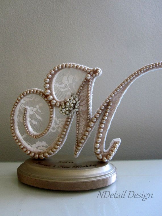 Wedding Cake Topper : Monogrammed Pearl Letter M with Engraving for Vintage or G