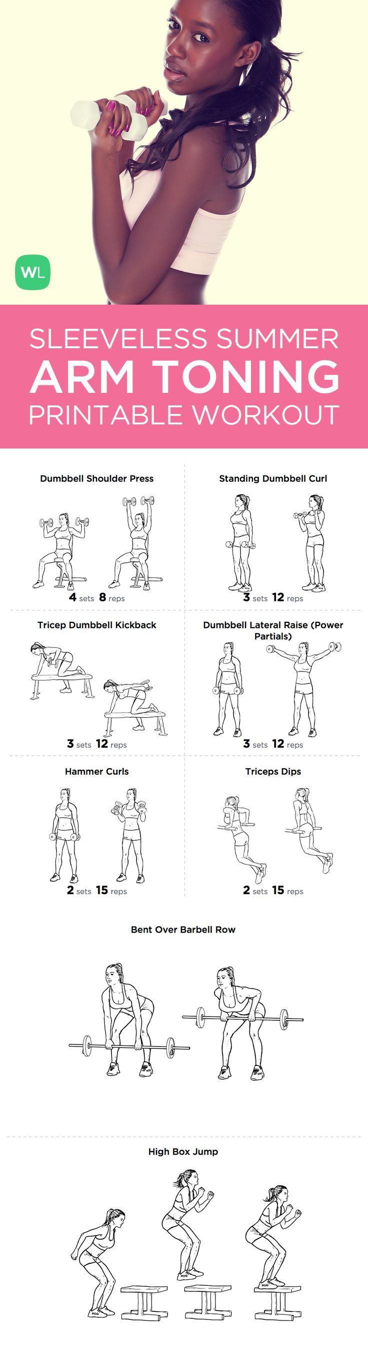 15-minute Summer Sleeveless Arms Toning printable workout with exercise illustra