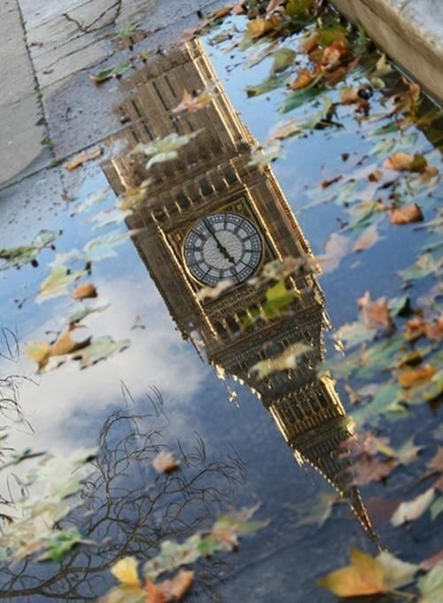 Big Ben reflected in a leaf filled puddle on the sidewalk London