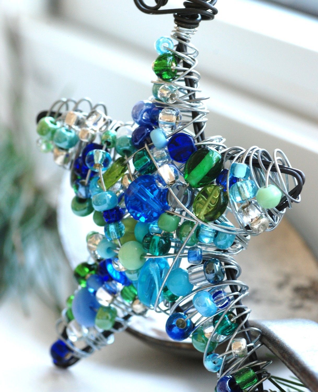 Blue beads and wire wrapped star ornament
