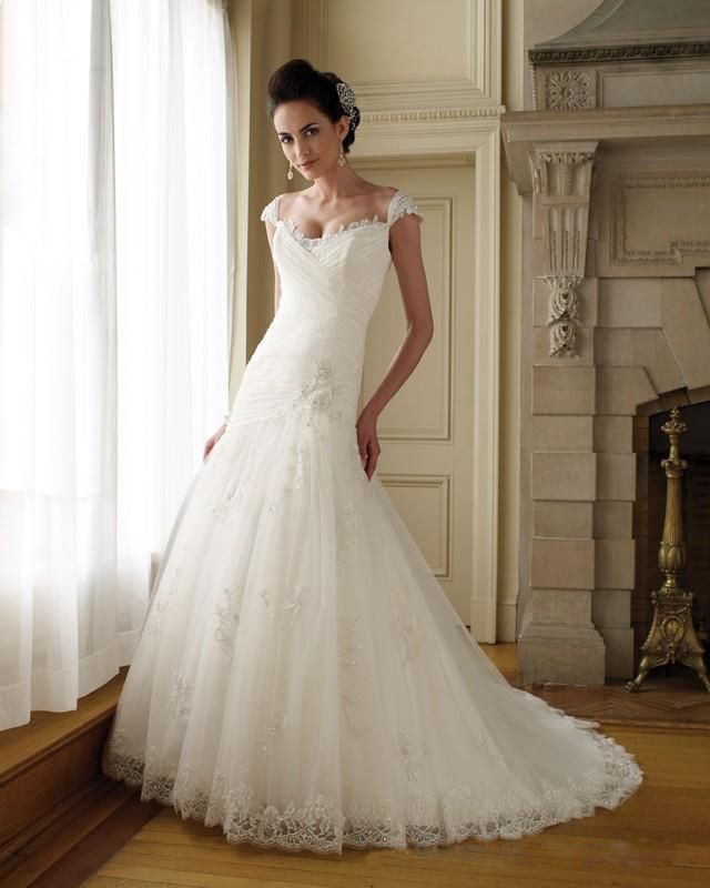 Capped Sleeve Sweetheart Satin Tulle Lace A-line Wedding Dress