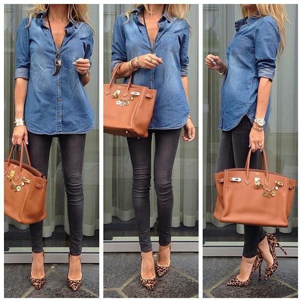 Denim top with faux leather leggings