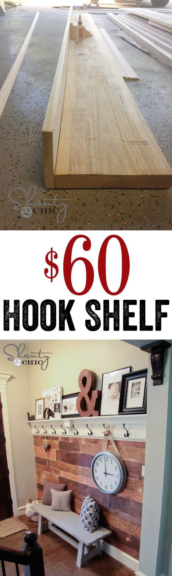 DIY Easy and Cheap Hook Shelf for under $60!  Perfect for any wall!!