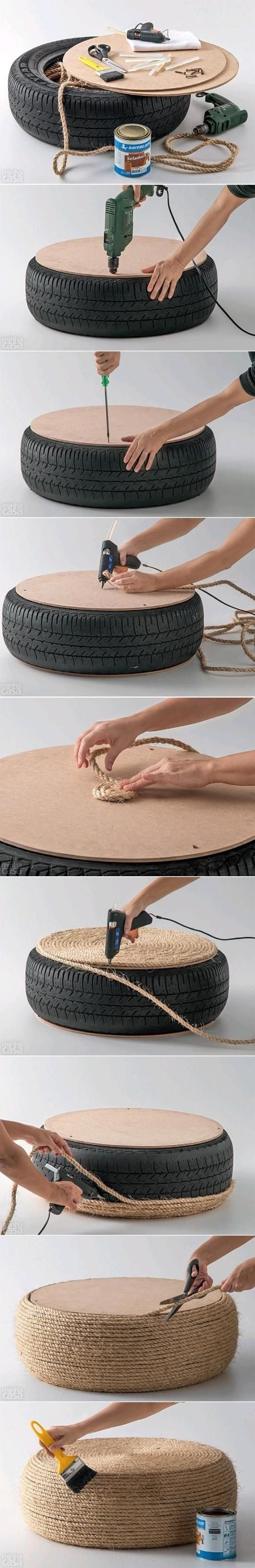 DIY Nautical Rope Ottoman – recycled tire.