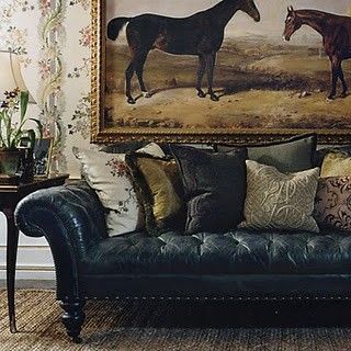 Equestrian Beauty l Ralph Lauren inspired. Black leather tufted sofa.