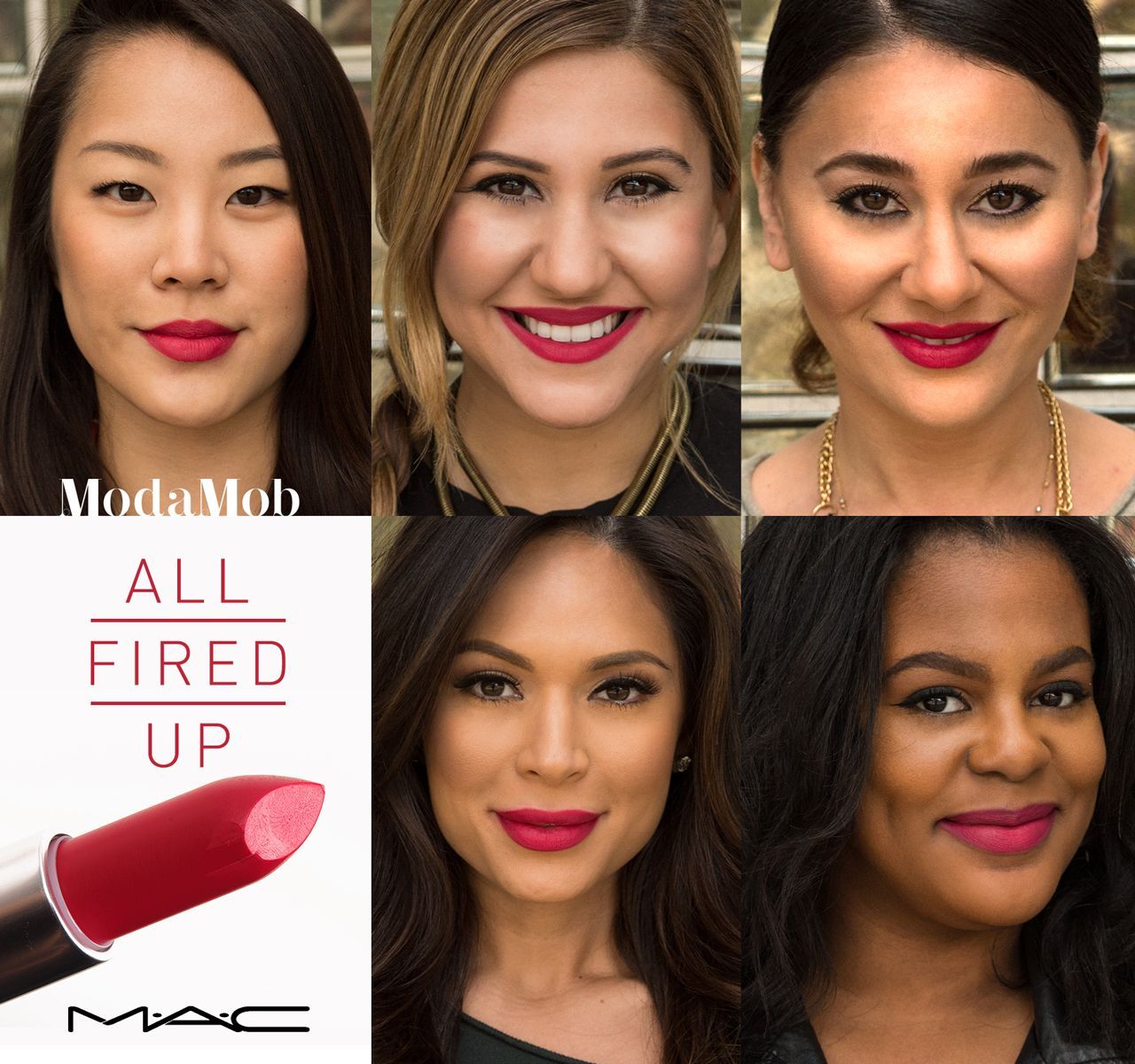 MACs “All Fired Up” lipstick on different skin tones