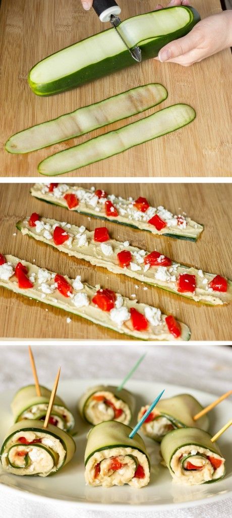 Mediterranean Cucumber Roll Ups – cucumber, roasted garlic hummus, roasted red p