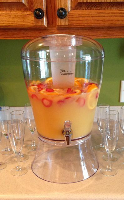Mimosa Punch – 2 qt OJ, 1/2 c Grand Marnier, 750ml champagne, 2 liters ginger al