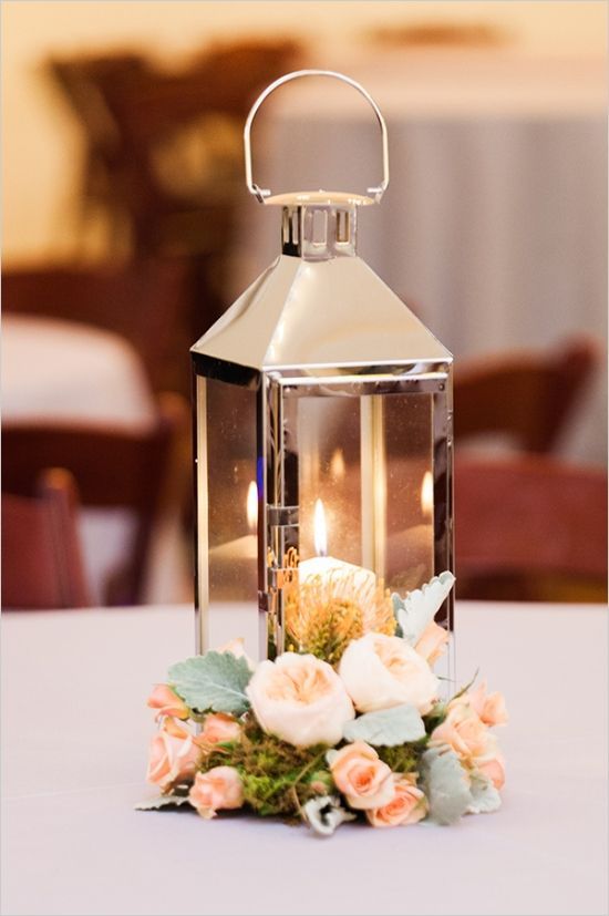 Peach and Grey Wedding – Wedding Tablescape – candle lit lantern centerpiece dec