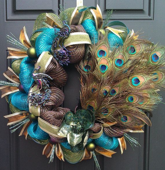 Peacock Mardi Gras turquoise brown and green deco mesh wreath on Etsy, $75.00