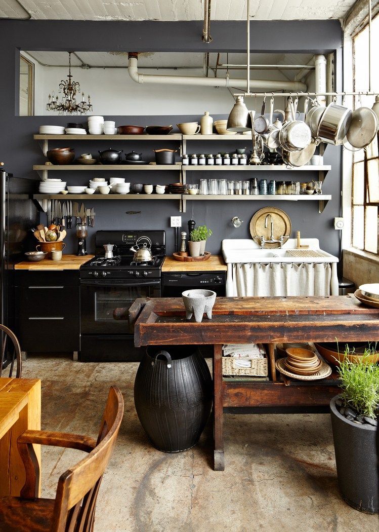 rustic industrial kitchen, grays, blacks, whites, natural wood.