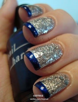Silver Glittery Nails with Blue Hue Tips THIS WOULD GO PEEERRFF WITH MY DRILLTEA