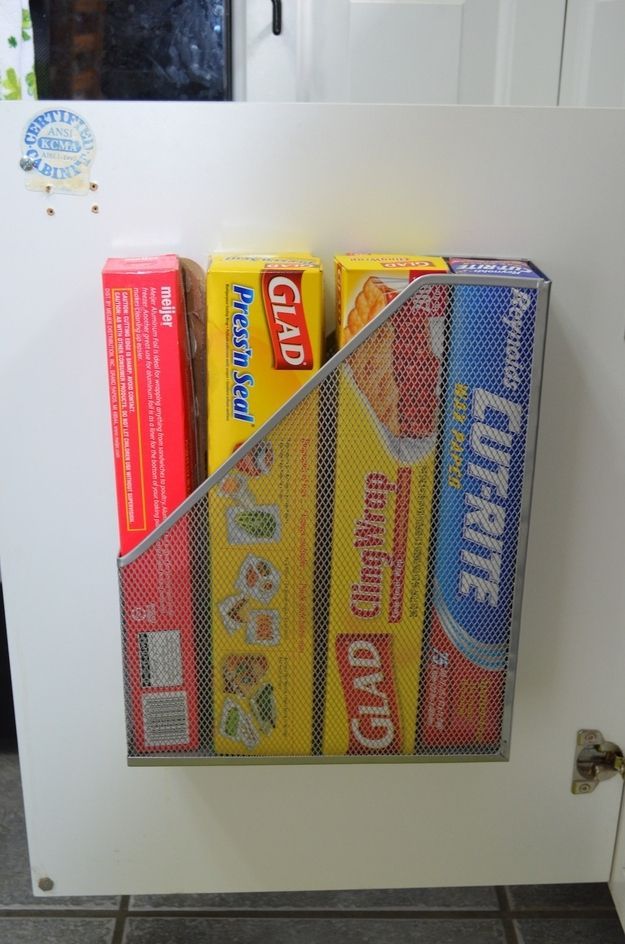 This kind of magazine rack works great for storing plastic wrap, etc. | 27 Cleve