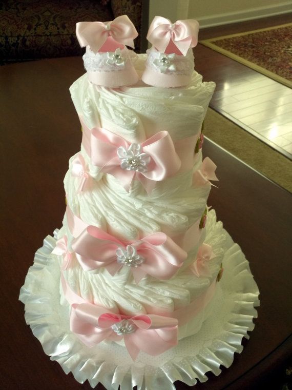 Three Tier Pink and White Diaper Cake with by TheCarriageShoppe, $60.00