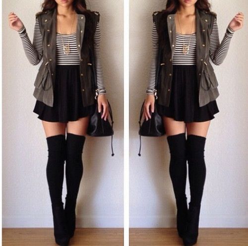 a skirt and striped shirt with black thigh-highs? classic combo. love the vest