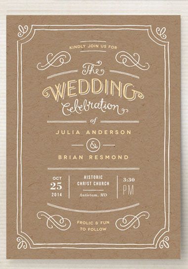 A vintage inspired wedding invitation with hand drawn lettering and flourishes.