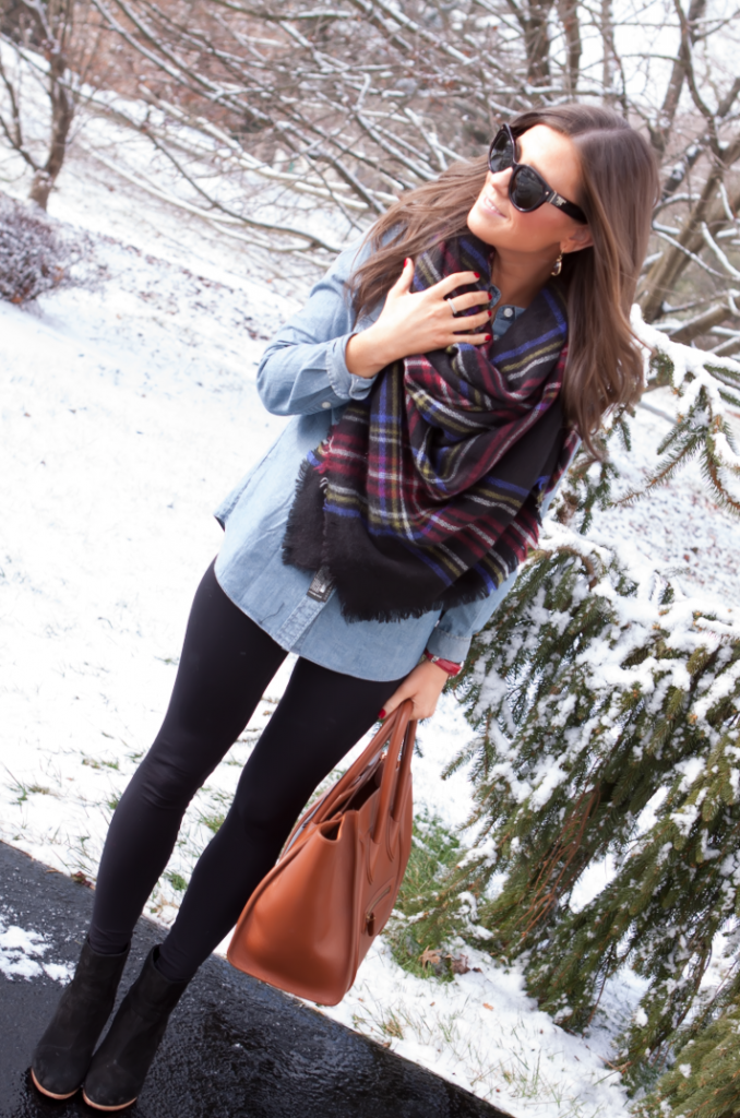 ankle boots with leggings, blanket scarf, chambray shirt