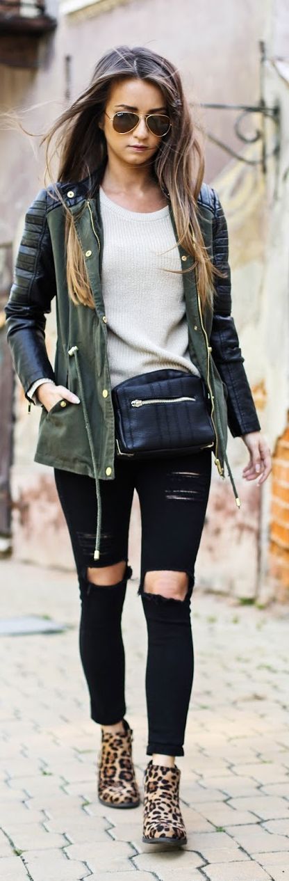 army green jacket with leather slee