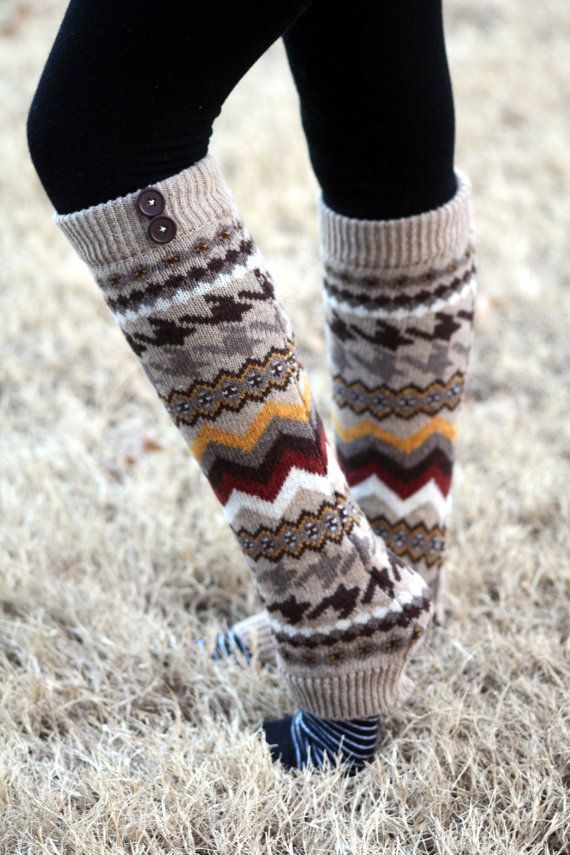 Aztec Legwarmers- Tan Leg warmers, Khaki Legwarmers, Brown, Knitted Leg warmers,