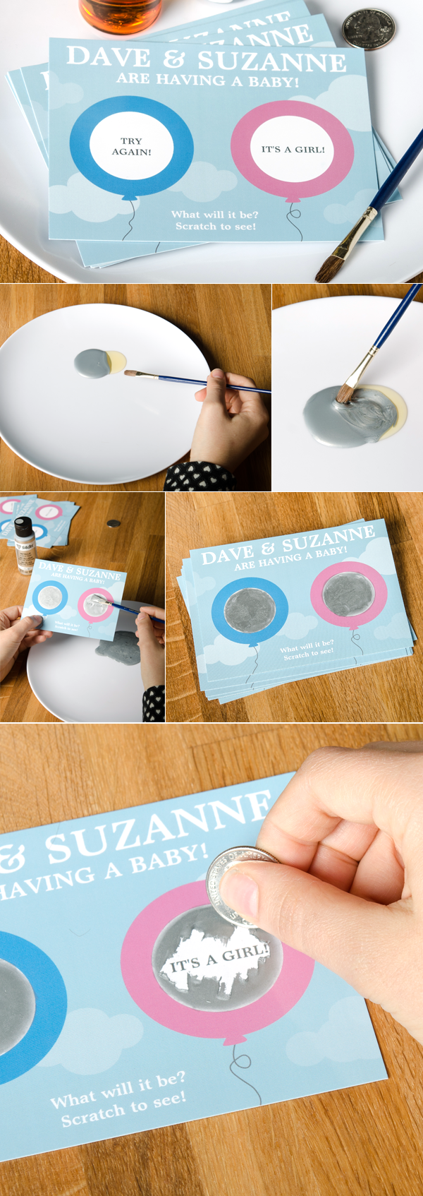 Baby shower gender reveal diy card. Great idea to adapt for other celebrations..