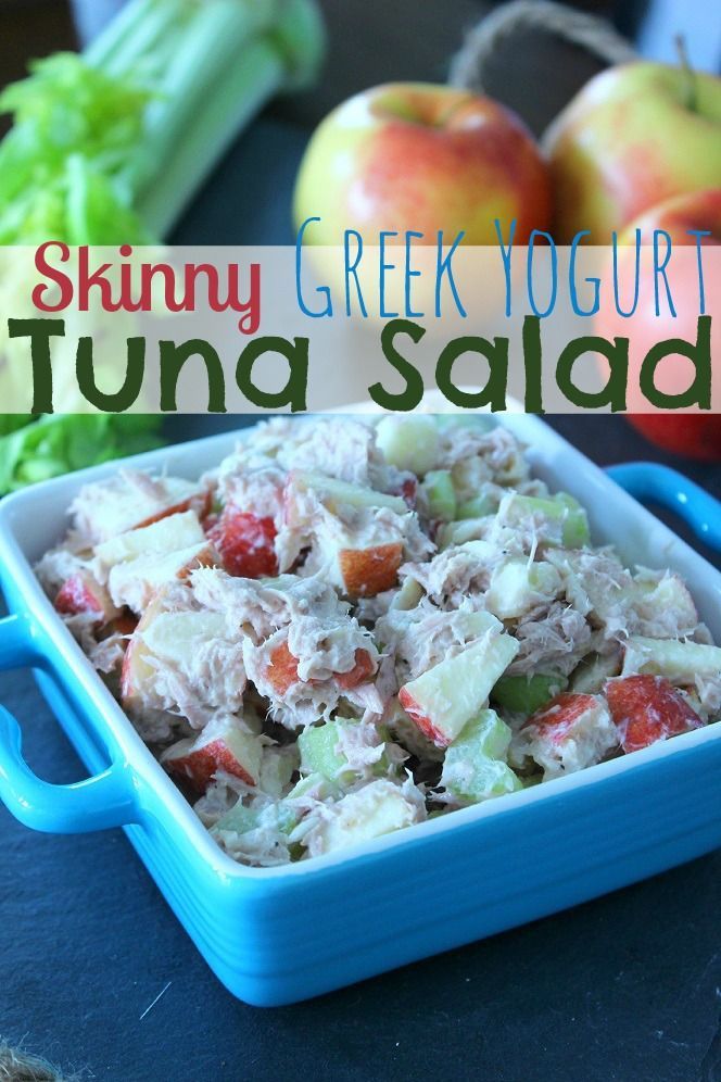 Healthy Tuna Salad with Greek Yogurt for extra protein, and apples. Great altern