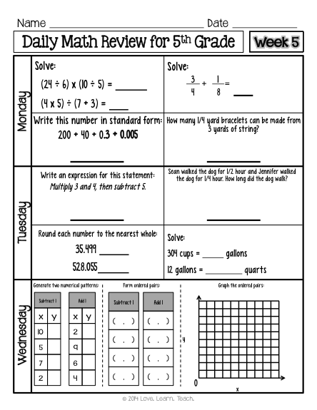 Six week set of spiral Daily Math Review for 5th grade available now! * Time, mo
