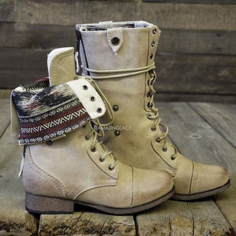 Southern Pines Beige Tribal Fold Over Combat Boots | Amazing Lace