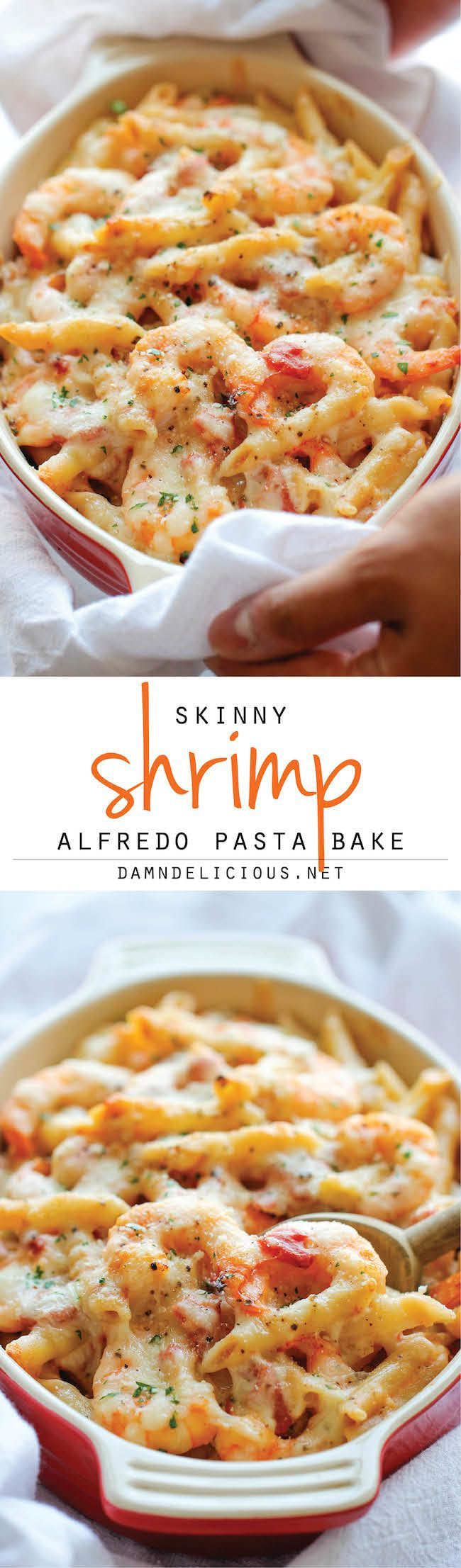 Skinny Shrimp Alfredo Pasta Bake –