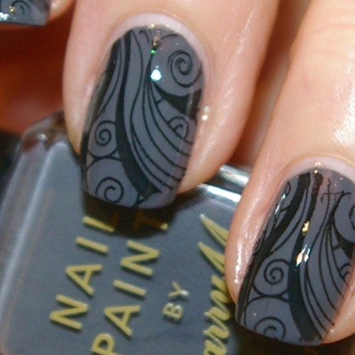 black and grey nails, konad stampin