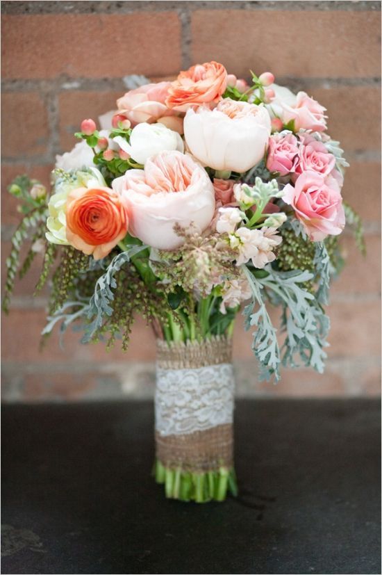 pink and peach wedding bouquet by F