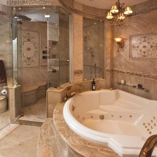 50 Amazing Bathroom Bathtub Ideas – Dont like the overly ornate decor, but love the jetted tub and huge walk-in