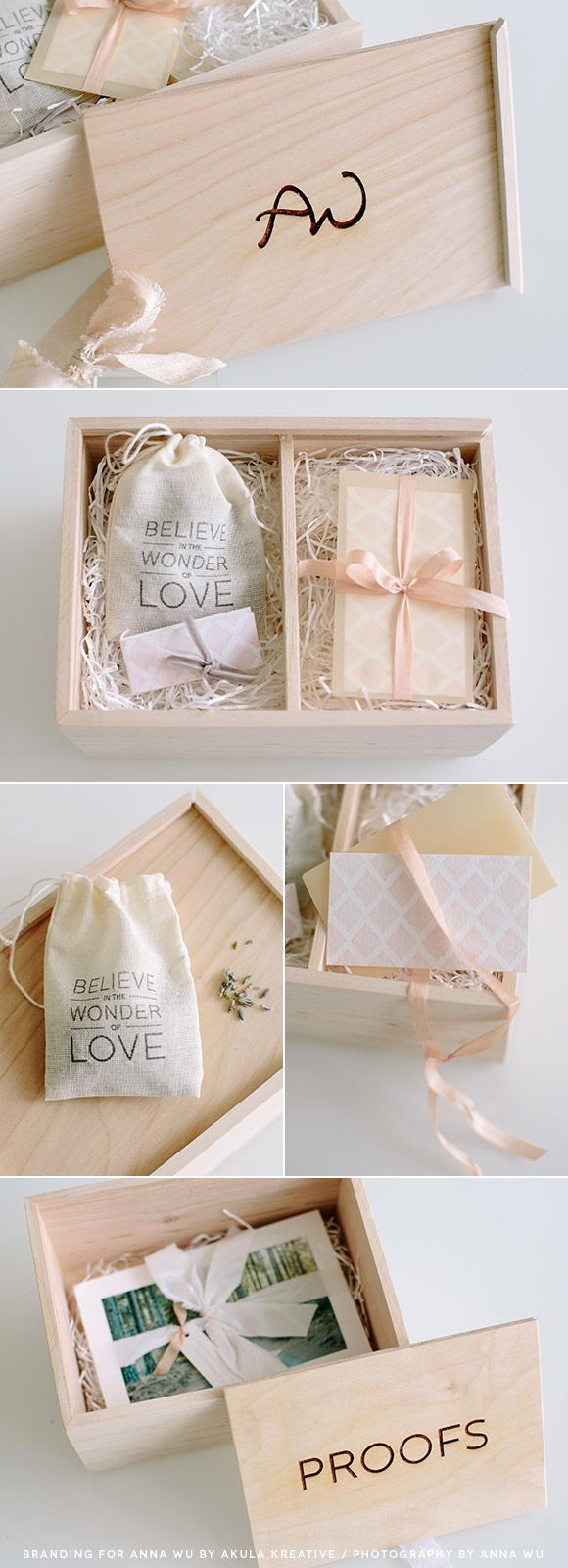 Anna Wu Photography Packaging Suite // engraved wooden box, branded gift tags and thank you card, silk and velvet ribbons…plus a hidden compartment for prints // Akula