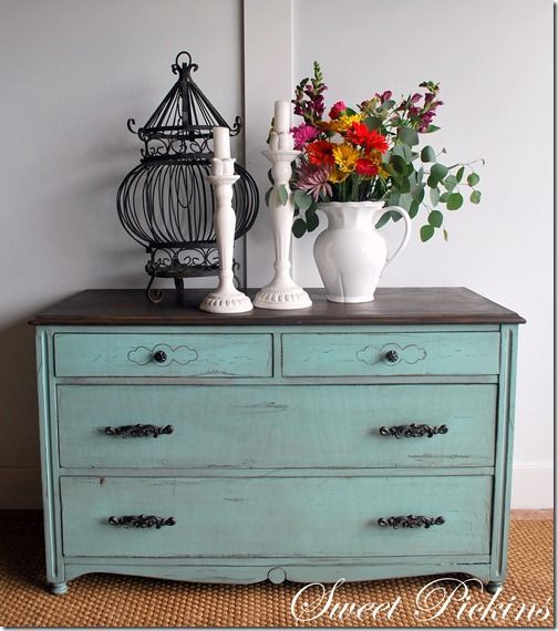 Aqua blue-green dresser. Distressed/antiqued.  I want to do this to my old dresser for the sun