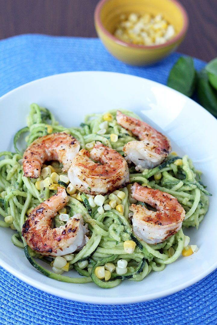 Avocado-Basil Zucchini Noodles with Chile-Lime Shrimp & Corn #zucchininoodles