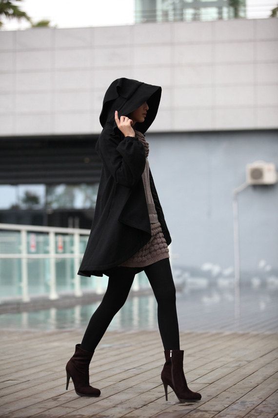 BLACK Long Sleeve Wool Winter Coat Special Hooded Woolen Cape Coat Hood Cloak Hoodie Cape for Women –