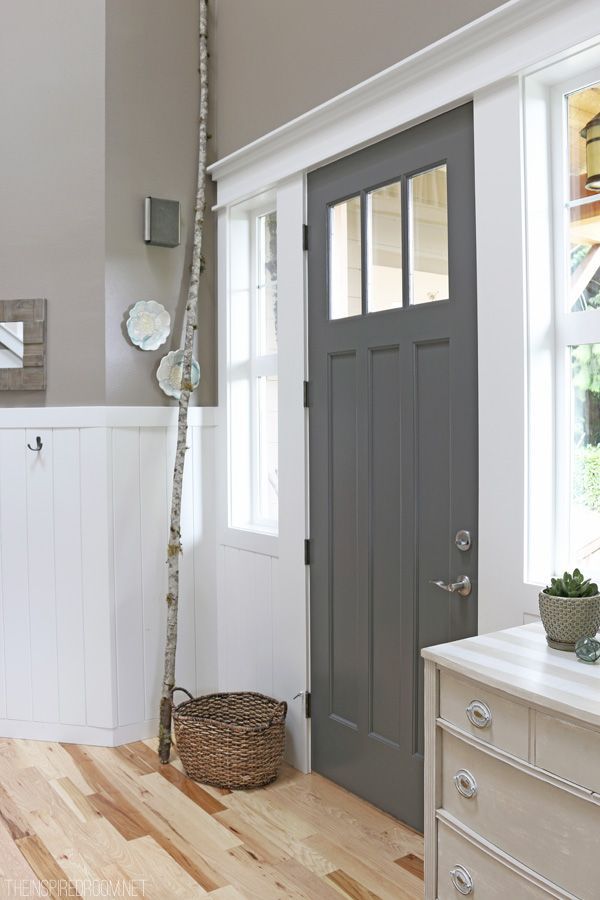 Charcoal Painted Front Door – The Inspired Room.  Benjamin Moore — Kendall Charcoal.  Same color she used on her kitchen cabinets.