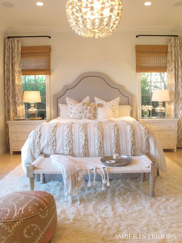 Chic White Bedroom -Notice how the drapes are hung to one