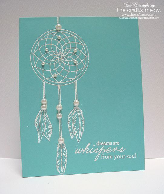 handmade card …  Dream Catcher by quilterlin … clean and simple … turquoise card with white embossed dream catcher and sentiment … sweet pearls too … lovely