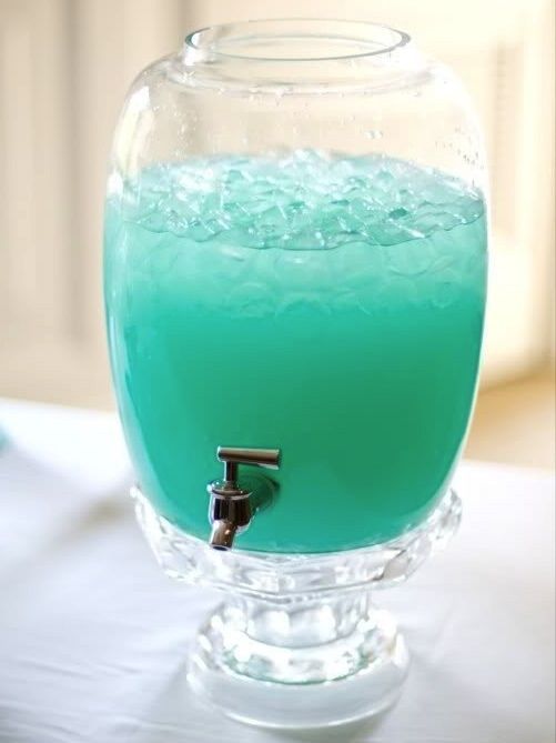 Ocean Punch – mix I pkg Blue Raspberry unsweetened kool-aid powder, 3/4 cups sugar, 2 quarts water, 10 oz Pina Colada Mix, & 2 liters of