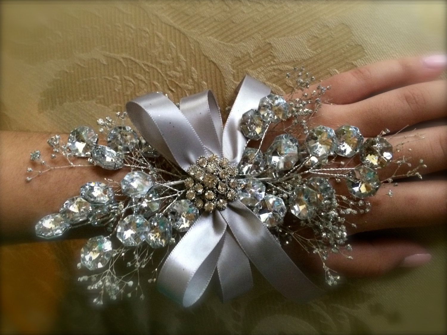 prom wrist corsage silver wrist corsage for by TheCrystalFlower,
