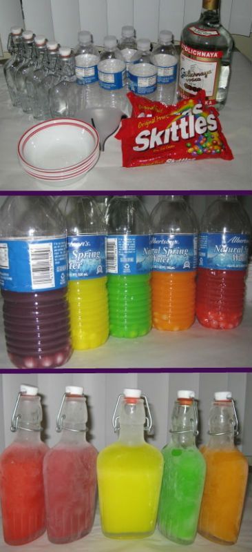 Skittles vodka… works great with rum too! Smooth, sweet and taste just like the Skittles. Can be imbibed straight, but if you add a mixer like Sprite, Ginger Ale, etc. then be careful because it