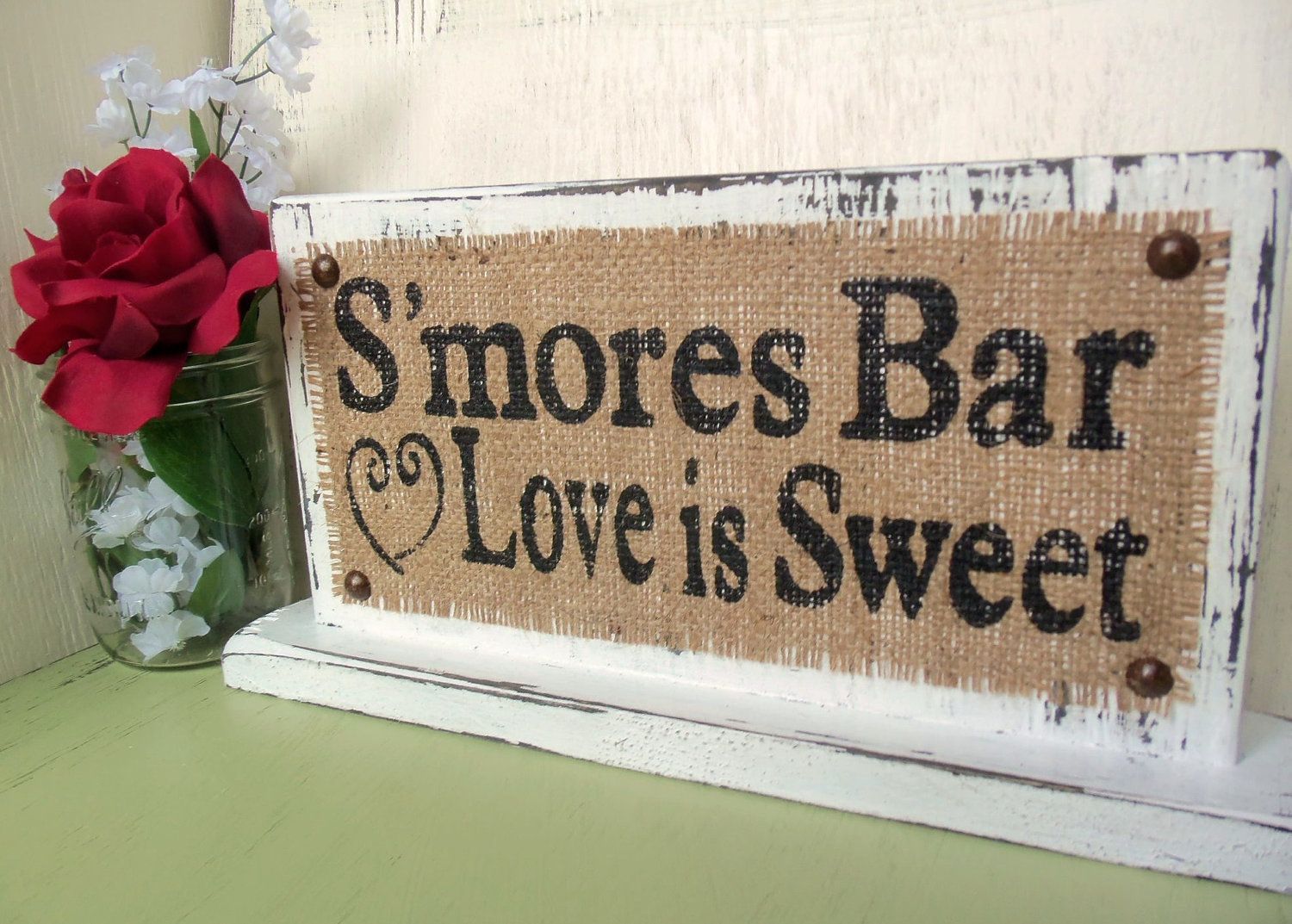 Smores Bar Love is Sweet, Reception dessert table WEDDING, Burlap signs. $30.00, via